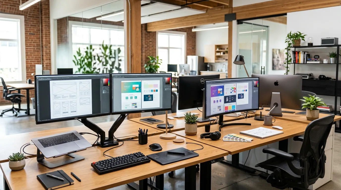Modern office workspace with computers and design tools, professional digital agency environment, multiple monitors showing web design, creative team working space, bright and clean