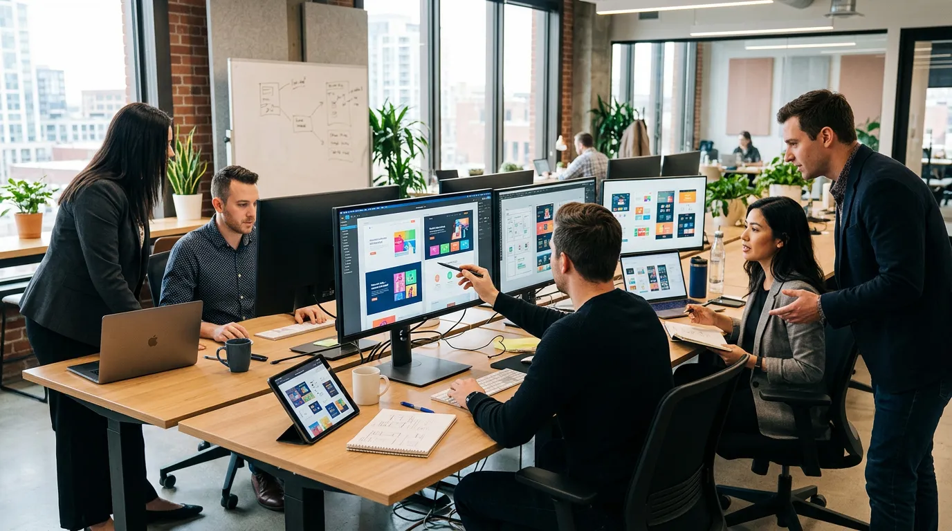 Team of professionals in a modern office collaboration space reviewing website layouts and design concepts on large monitors, collaborative work environment, photorealistic, professional, no people vi