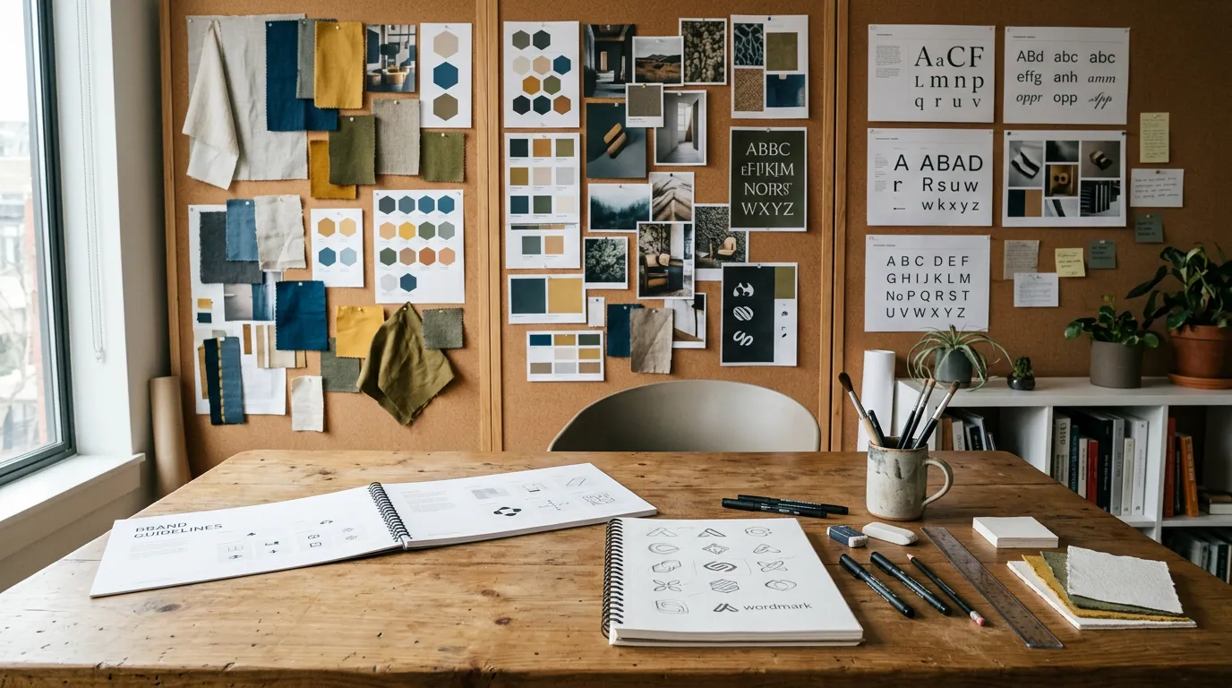 Brand strategy and design workspace, mood boards with color swatches, typography samples, logo sketches on desk, creative design materials, brand guidelines document