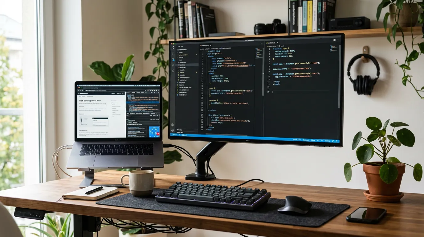 Clean desktop setup with web development tools, code editor on screen, professional programmer workspace, laptop with browser window, keyboard and mouse, organized desk