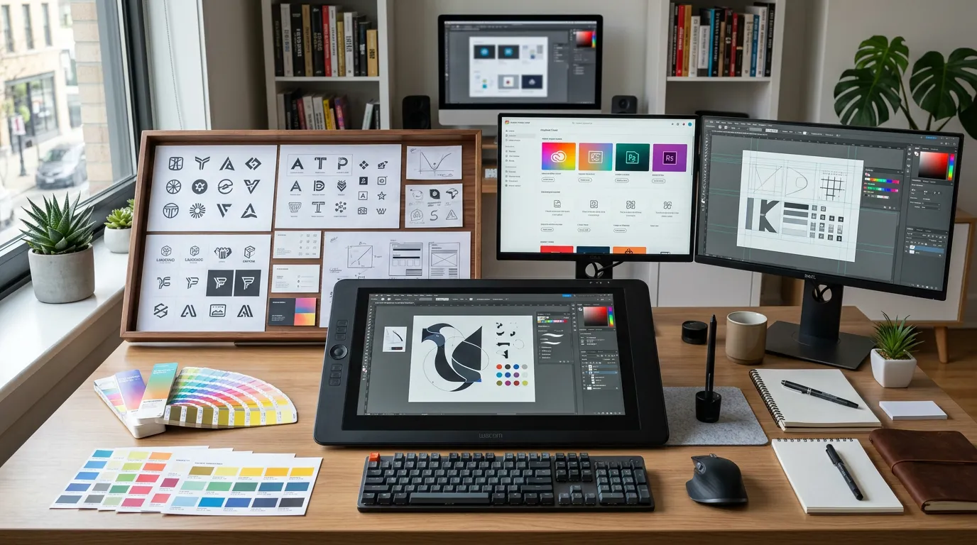 Graphic design studio with digital drawing tablet and stylus, Adobe Creative Suite workspace, design assets and logo variations, color palette swatches, professional graphics design environment