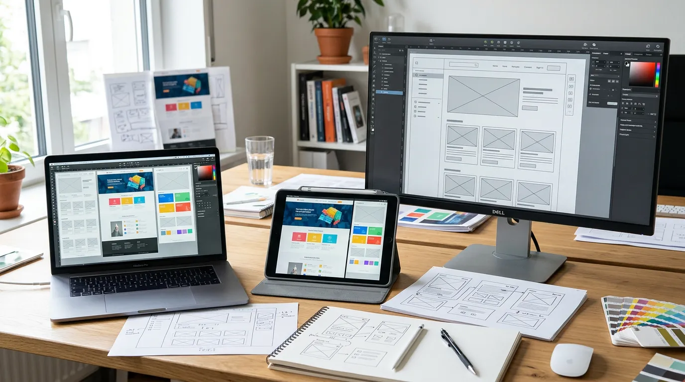 Web design mockups displayed on tablet and computer screens, website wireframes and layouts, responsive design concepts, design tools interface, creative design process visualization