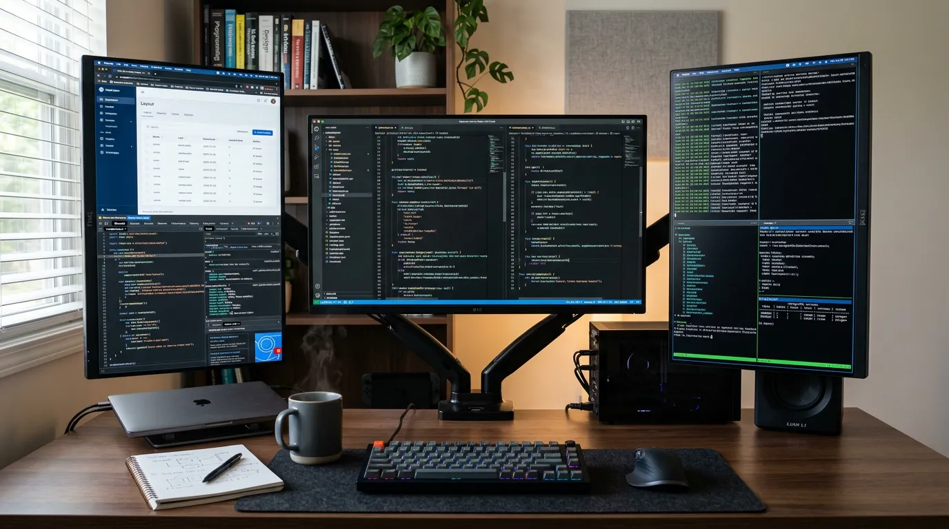 Developer's workstation with multiple monitors displaying code and website, programming environment, database and backend development, terminal and code editor interface, professional development setu