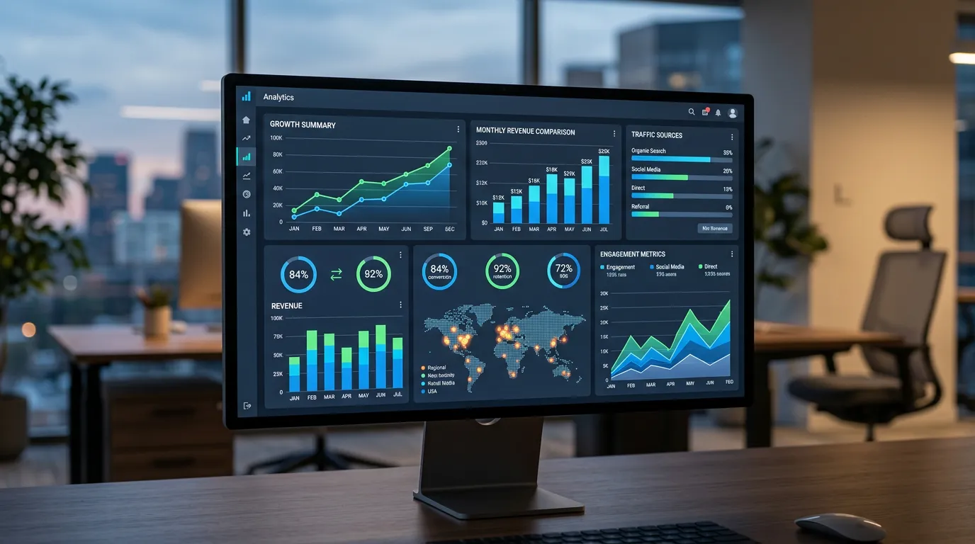 Success metrics dashboard on computer screen showing analytics and growth charts, business performance visualization, statistics and data analysis, professional business intelligence interface